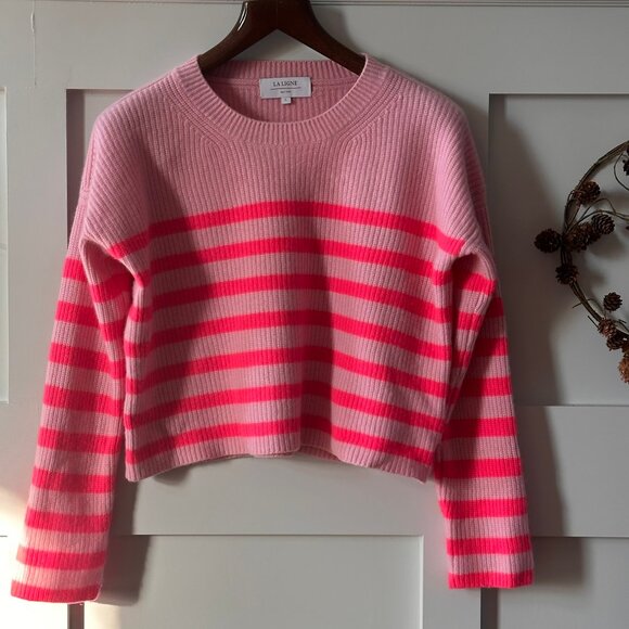 La Ligne Sweaters - La Ligne Toujours Stripe Cashmere Sweater in Bubblegum/Neon Pink